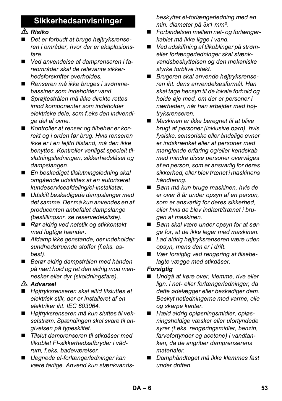 Sikkerhedsanvisninger | Karcher SC 952 User Manual | Page 53 / 198