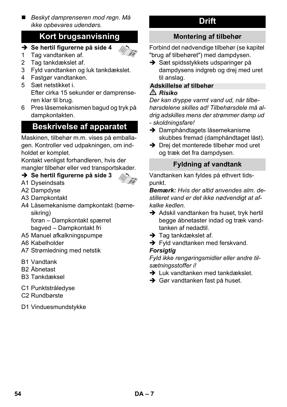 Kort brugsanvisning beskrivelse af apparatet, Drift | Karcher SC 952 User Manual | Page 54 / 198