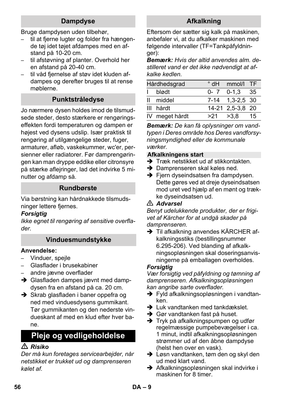 Pleje og vedligeholdelse | Karcher SC 952 User Manual | Page 56 / 198