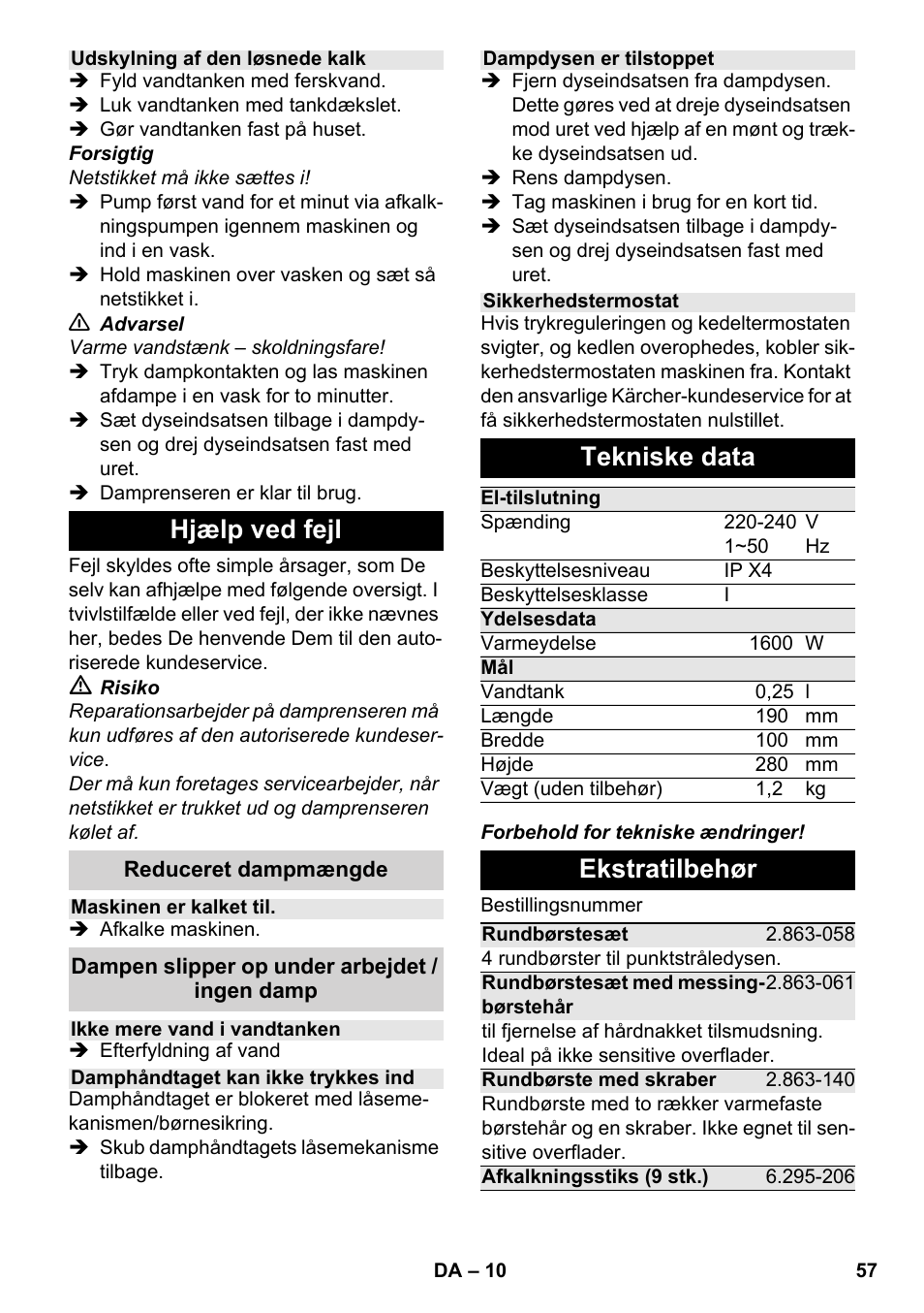 Hjælp ved fejl, Tekniske data, Ekstratilbehør | Karcher SC 952 User Manual | Page 57 / 198