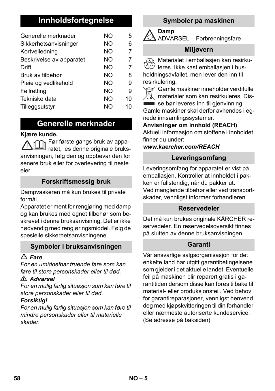 Norsk, Innholdsfortegnelse, Generelle merknader | Karcher SC 952 User Manual | Page 58 / 198