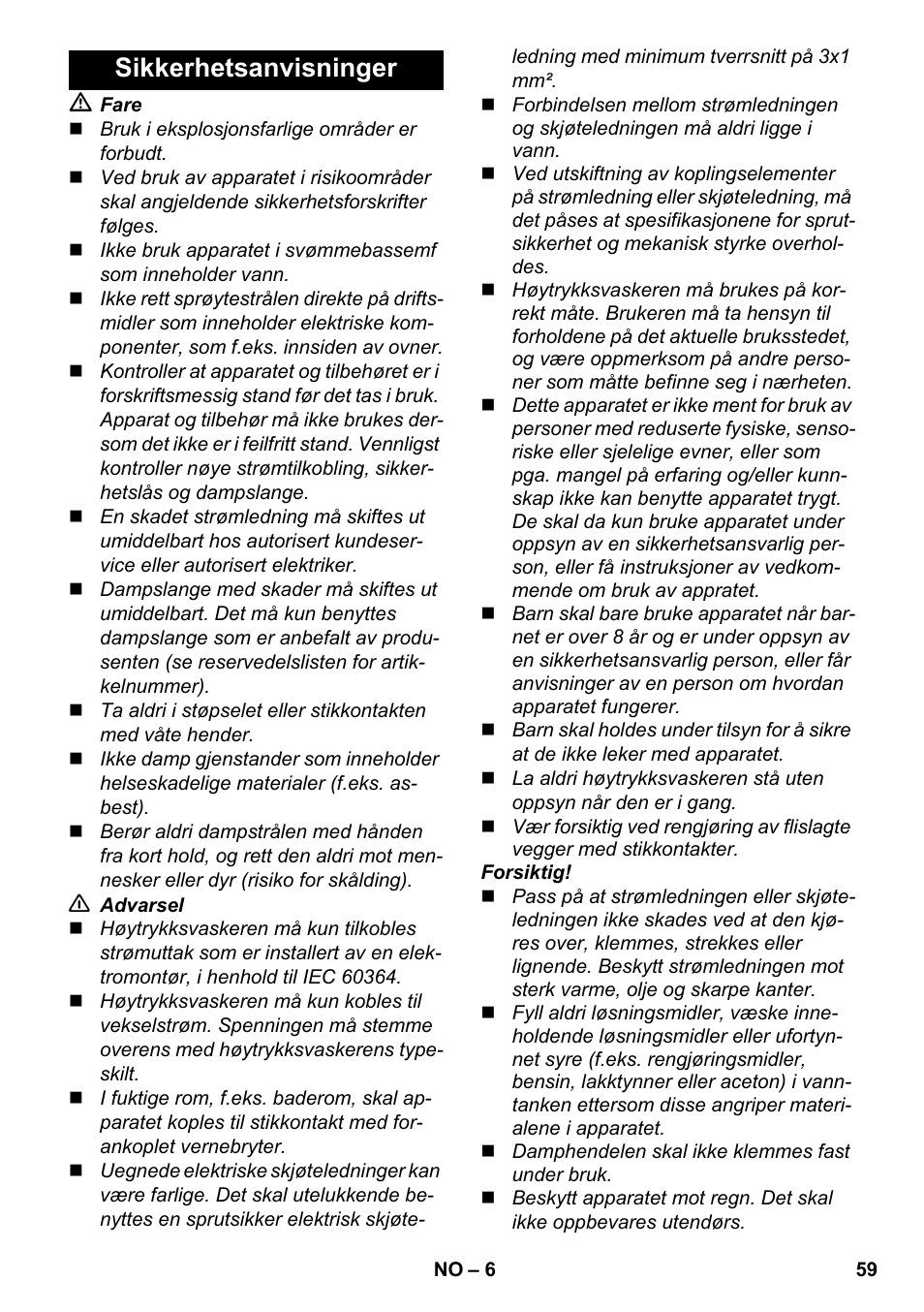 Sikkerhetsanvisninger | Karcher SC 952 User Manual | Page 59 / 198