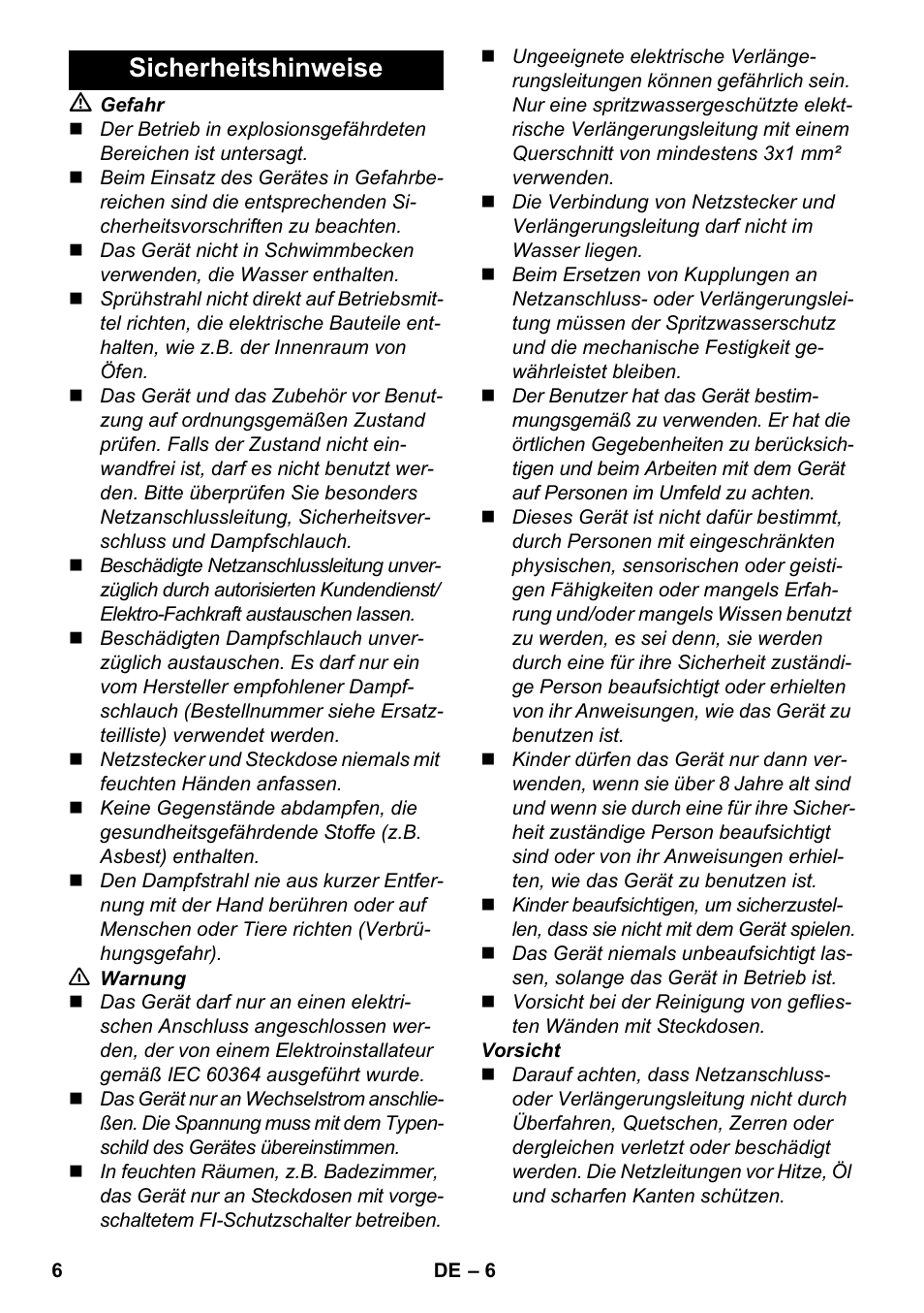 Sicherheitshinweise | Karcher SC 952 User Manual | Page 6 / 198