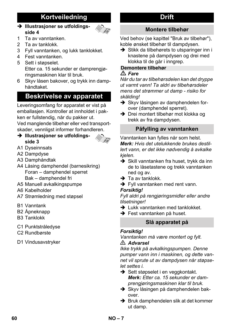 Kortveiledning beskrivelse av apparatet, Drift | Karcher SC 952 User Manual | Page 60 / 198