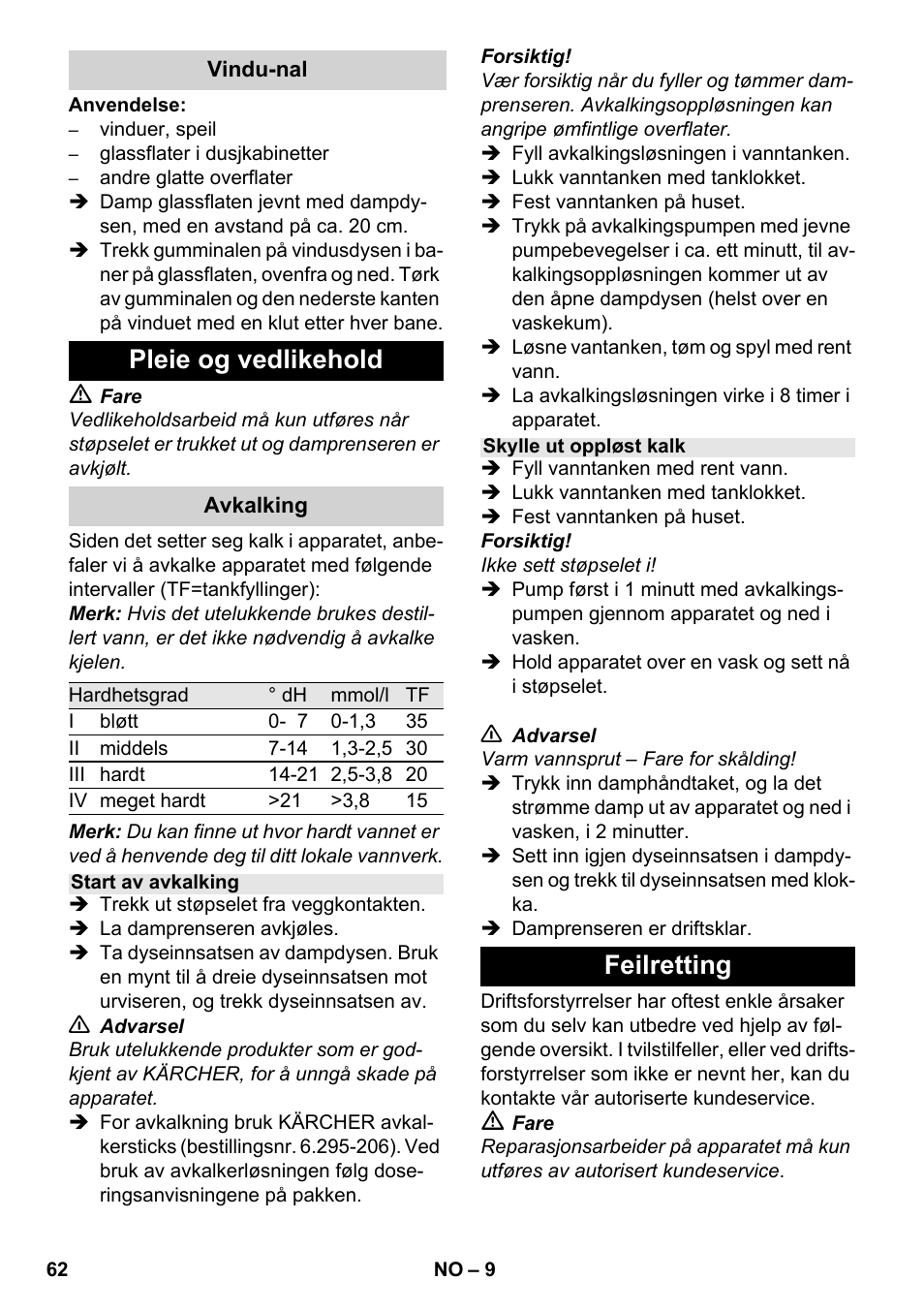 Pleie og vedlikehold, Feilretting | Karcher SC 952 User Manual | Page 62 / 198