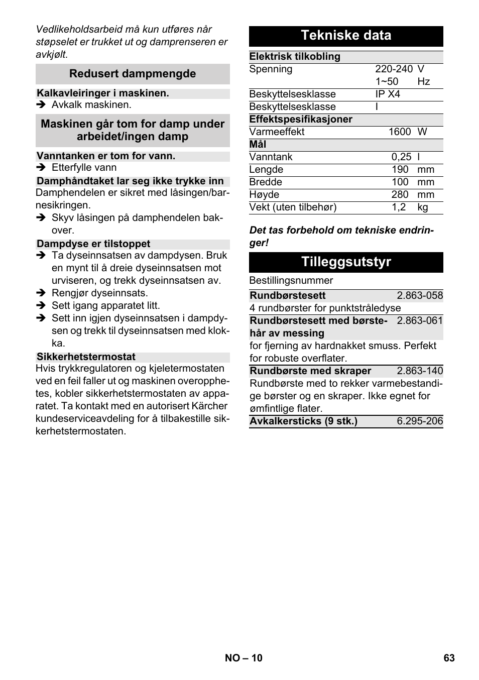 Tekniske data, Tilleggsutstyr | Karcher SC 952 User Manual | Page 63 / 198