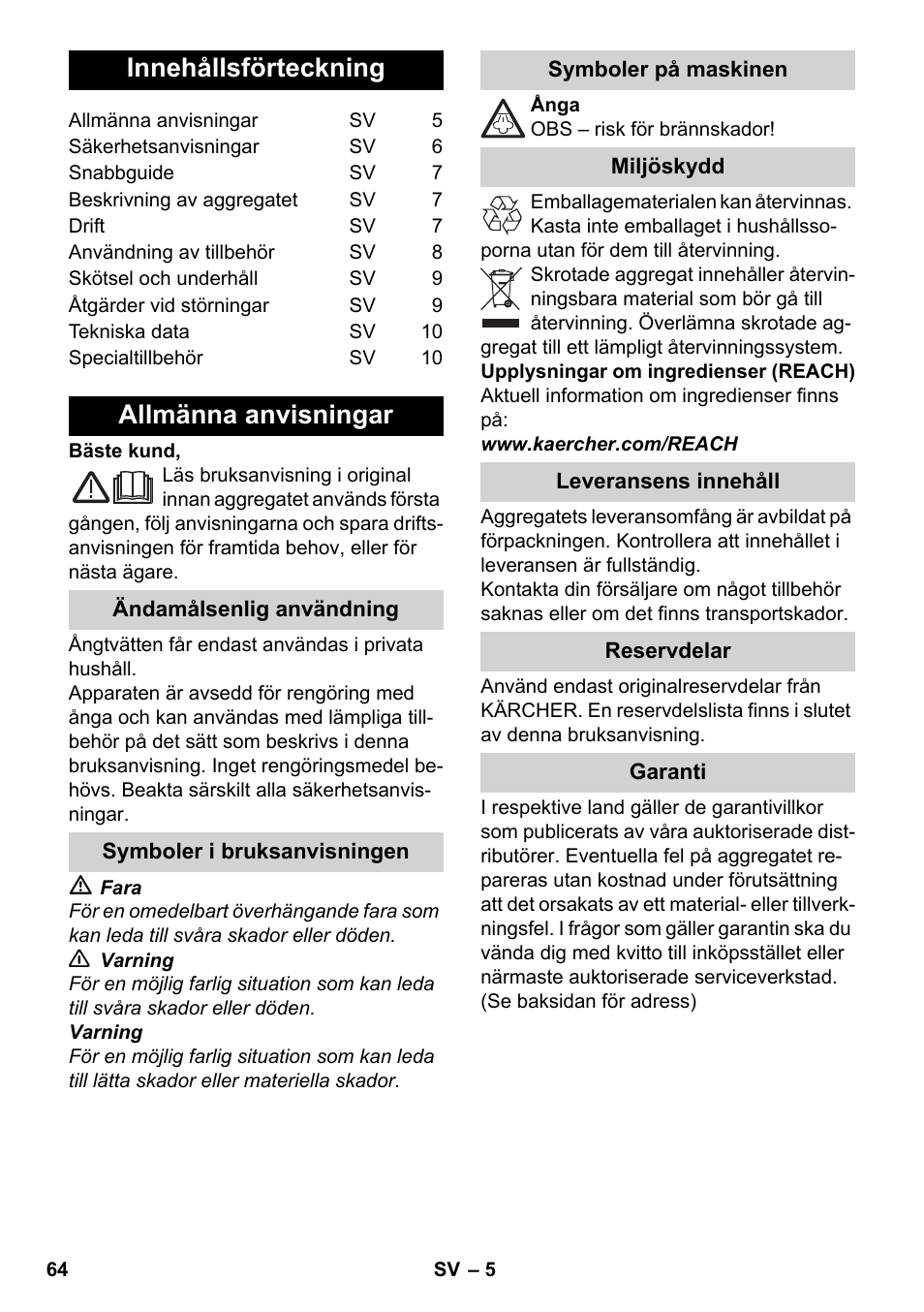 Svenska, Innehållsförteckning, Allmänna anvisningar | Karcher SC 952 User Manual | Page 64 / 198