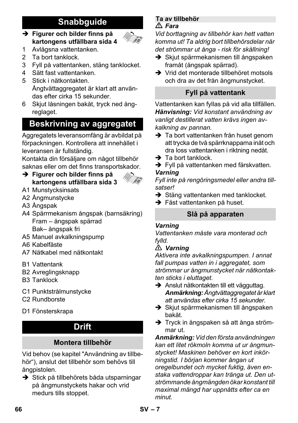Snabbguide beskrivning av aggregatet, Drift | Karcher SC 952 User Manual | Page 66 / 198
