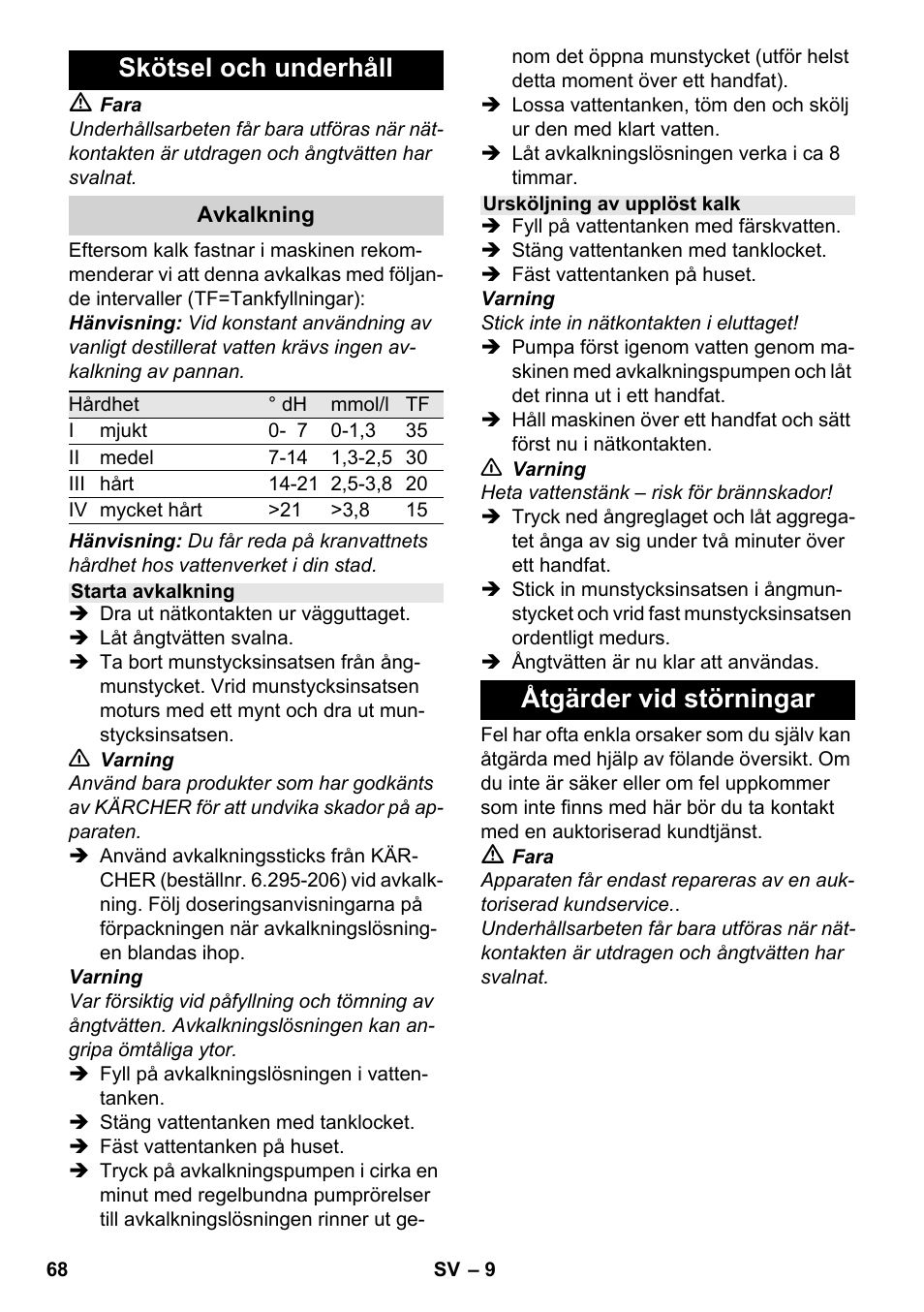 Skötsel och underhåll, Åtgärder vid störningar | Karcher SC 952 User Manual | Page 68 / 198