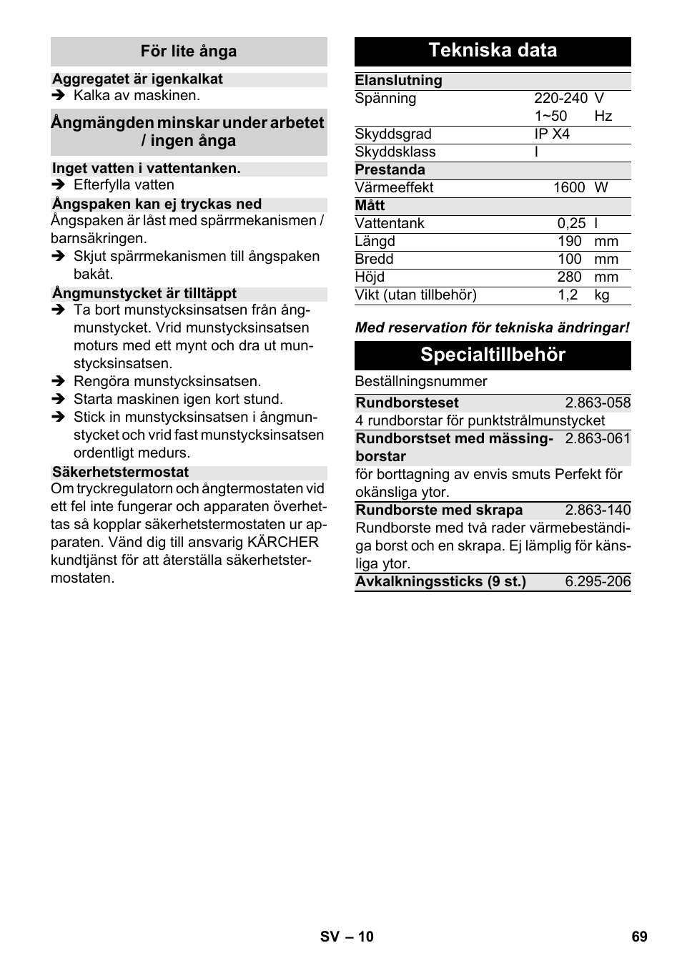Tekniska data, Specialtillbehör | Karcher SC 952 User Manual | Page 69 / 198