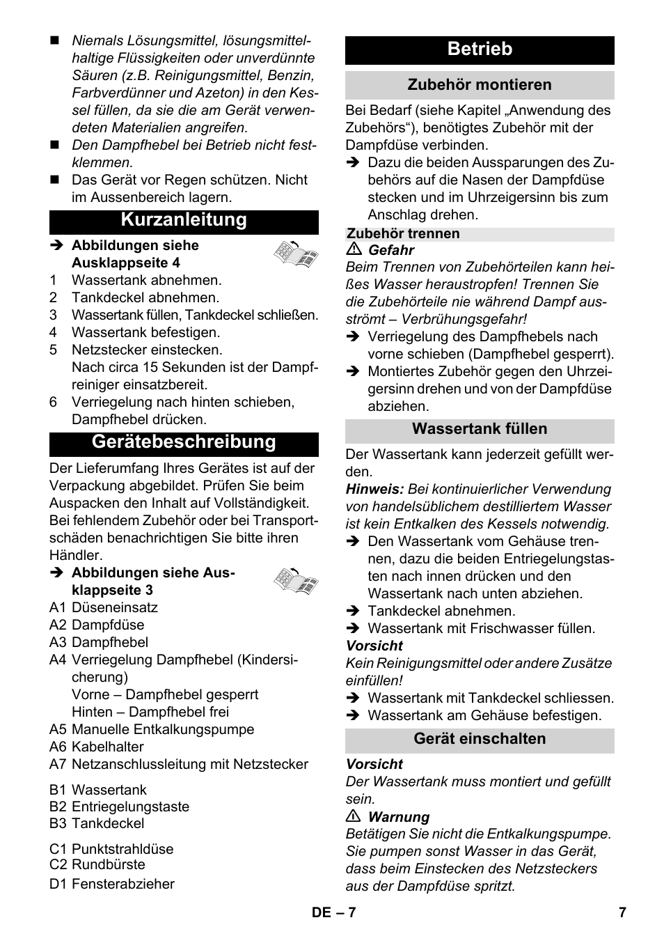 Kurzanleitung gerätebeschreibung, Betrieb | Karcher SC 952 User Manual | Page 7 / 198