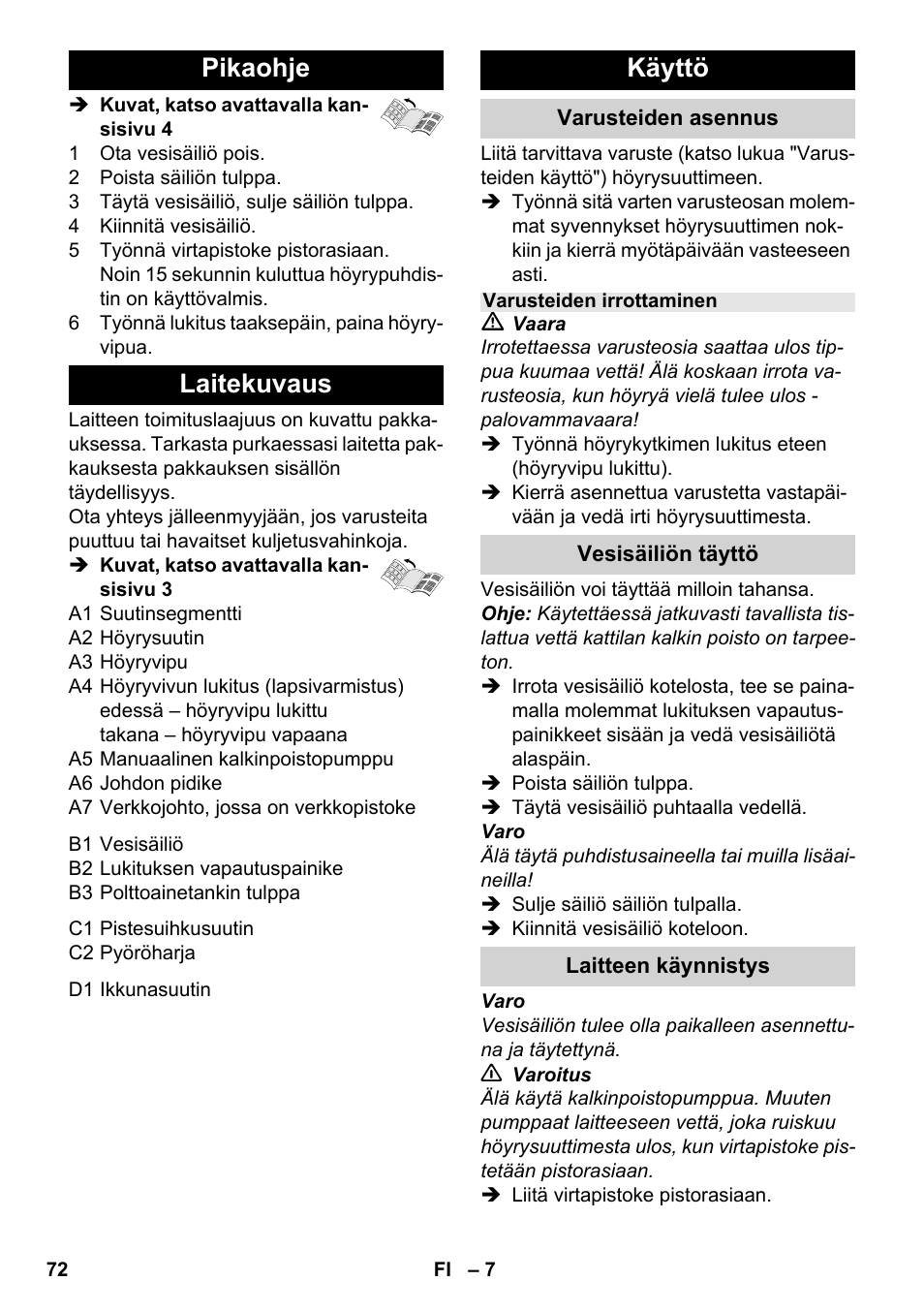 Pikaohje laitekuvaus, Käyttö | Karcher SC 952 User Manual | Page 72 / 198