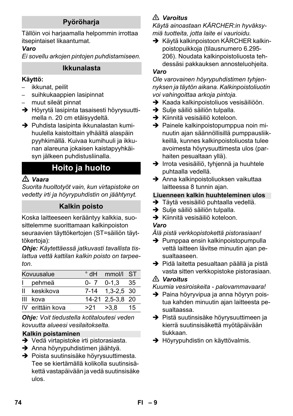 Hoito ja huolto | Karcher SC 952 User Manual | Page 74 / 198