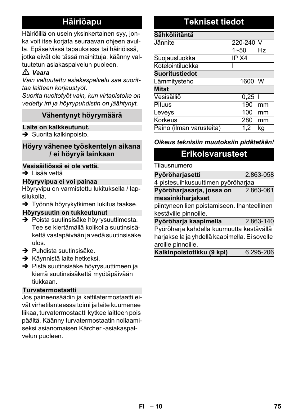 Häiriöapu, Tekniset tiedot, Erikoisvarusteet | Karcher SC 952 User Manual | Page 75 / 198
