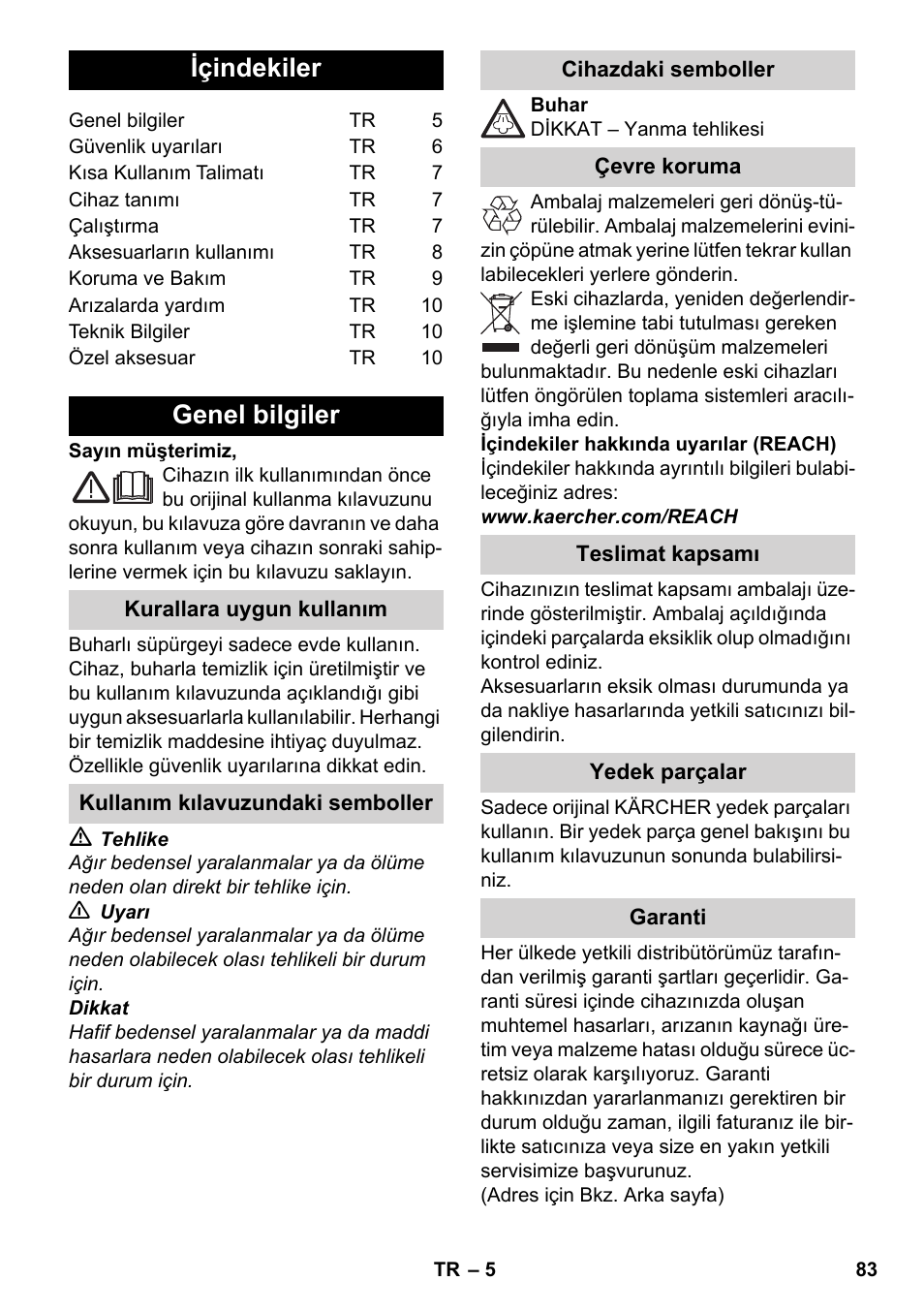 Türkçe, Içindekiler, Genel bilgiler | Karcher SC 952 User Manual | Page 83 / 198