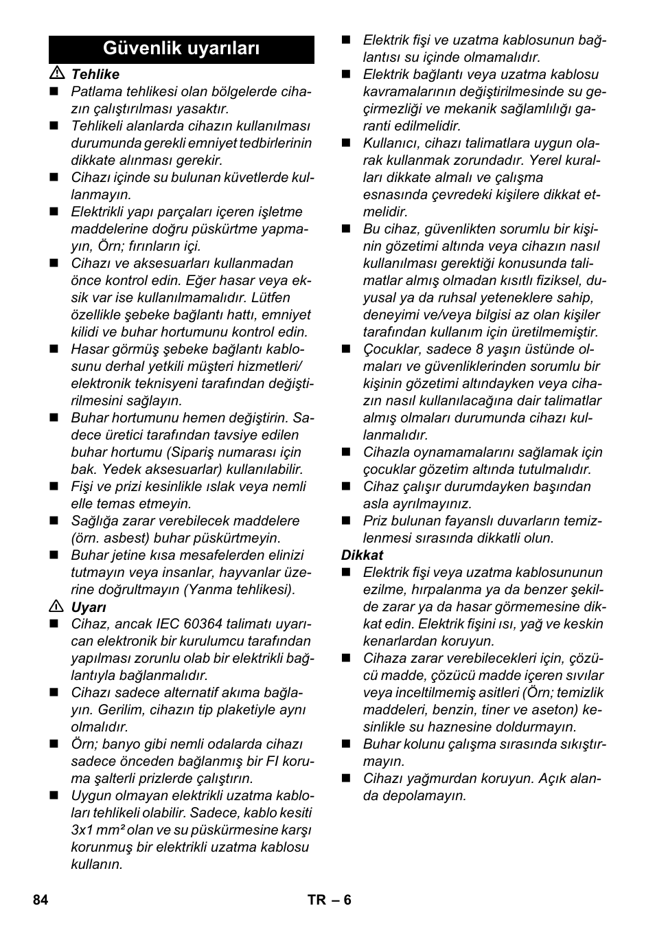 Güvenlik uyarıları | Karcher SC 952 User Manual | Page 84 / 198