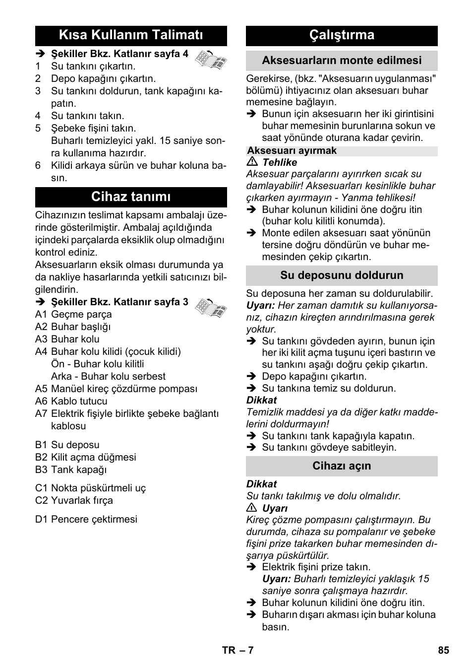 Kısa kullanım talimatı cihaz tanımı, Çalıştırma | Karcher SC 952 User Manual | Page 85 / 198