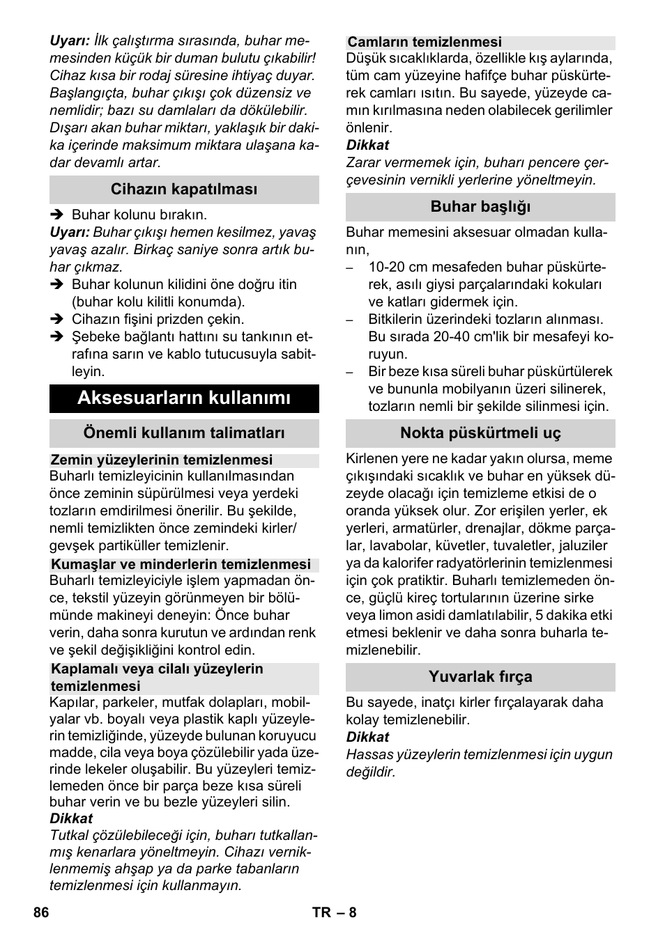 Aksesuarların kullanımı | Karcher SC 952 User Manual | Page 86 / 198