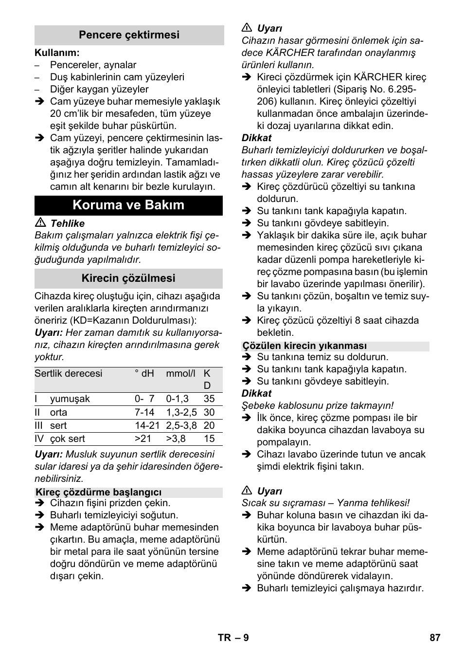 Koruma ve bakım | Karcher SC 952 User Manual | Page 87 / 198