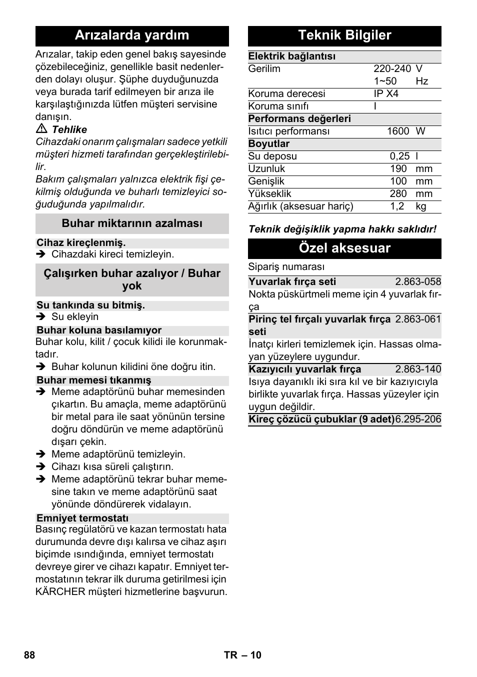 Arızalarda yardım, Teknik bilgiler, Özel aksesuar | Karcher SC 952 User Manual | Page 88 / 198