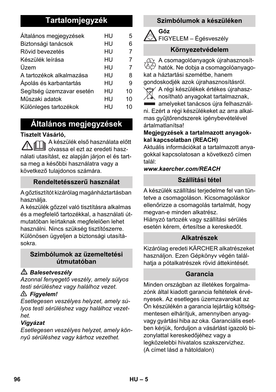 Magyar, Tartalomjegyzék, Általános megjegyzések | Karcher SC 952 User Manual | Page 96 / 198