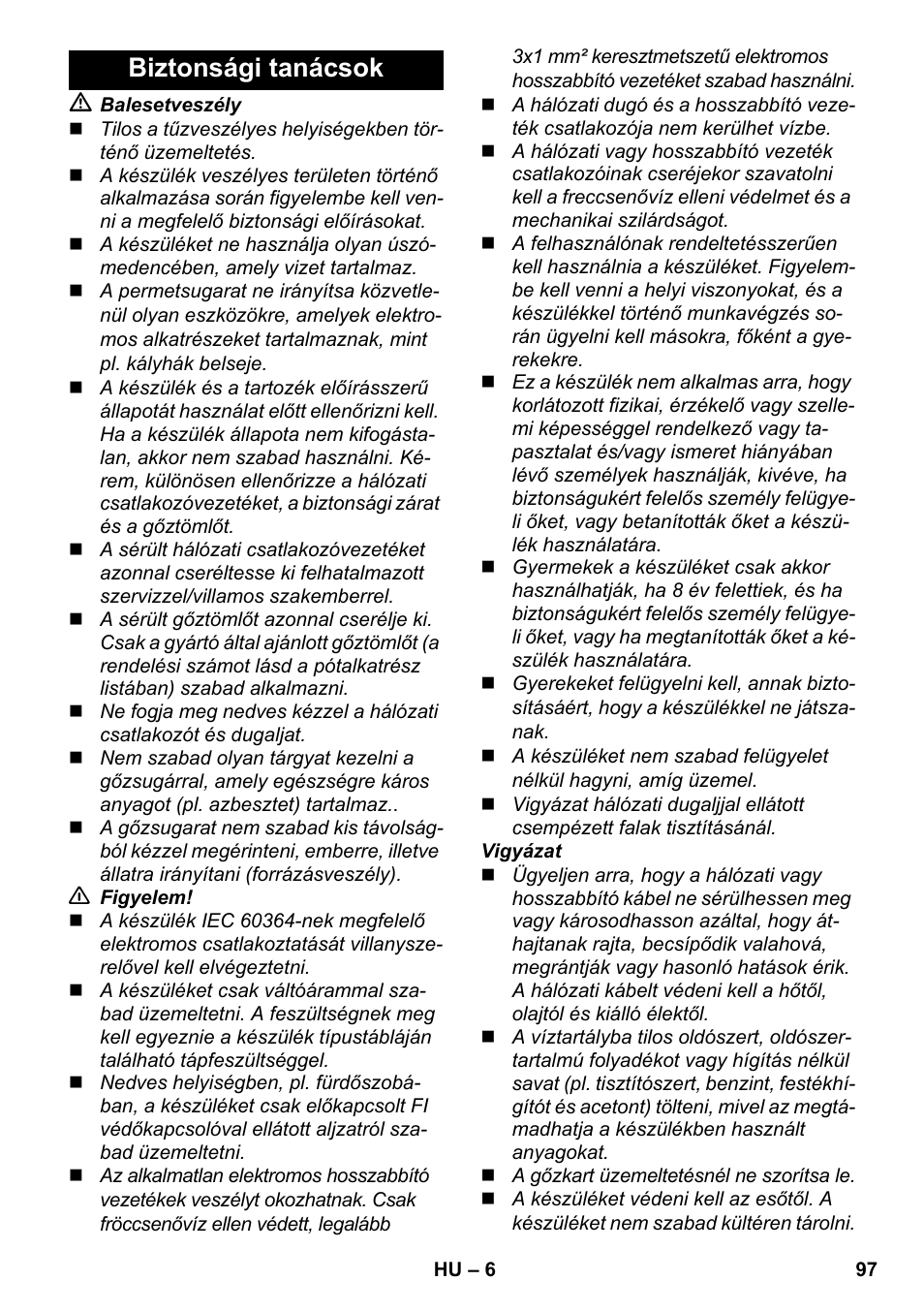 Biztonsági tanácsok | Karcher SC 952 User Manual | Page 97 / 198