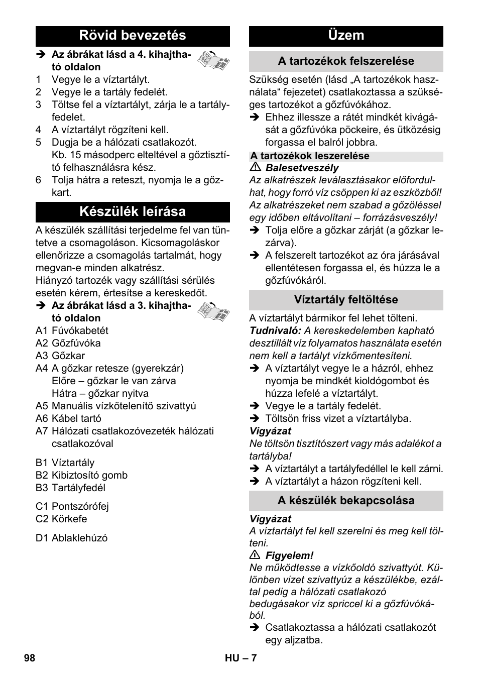 Rövid bevezetés készülék leírása, Üzem | Karcher SC 952 User Manual | Page 98 / 198