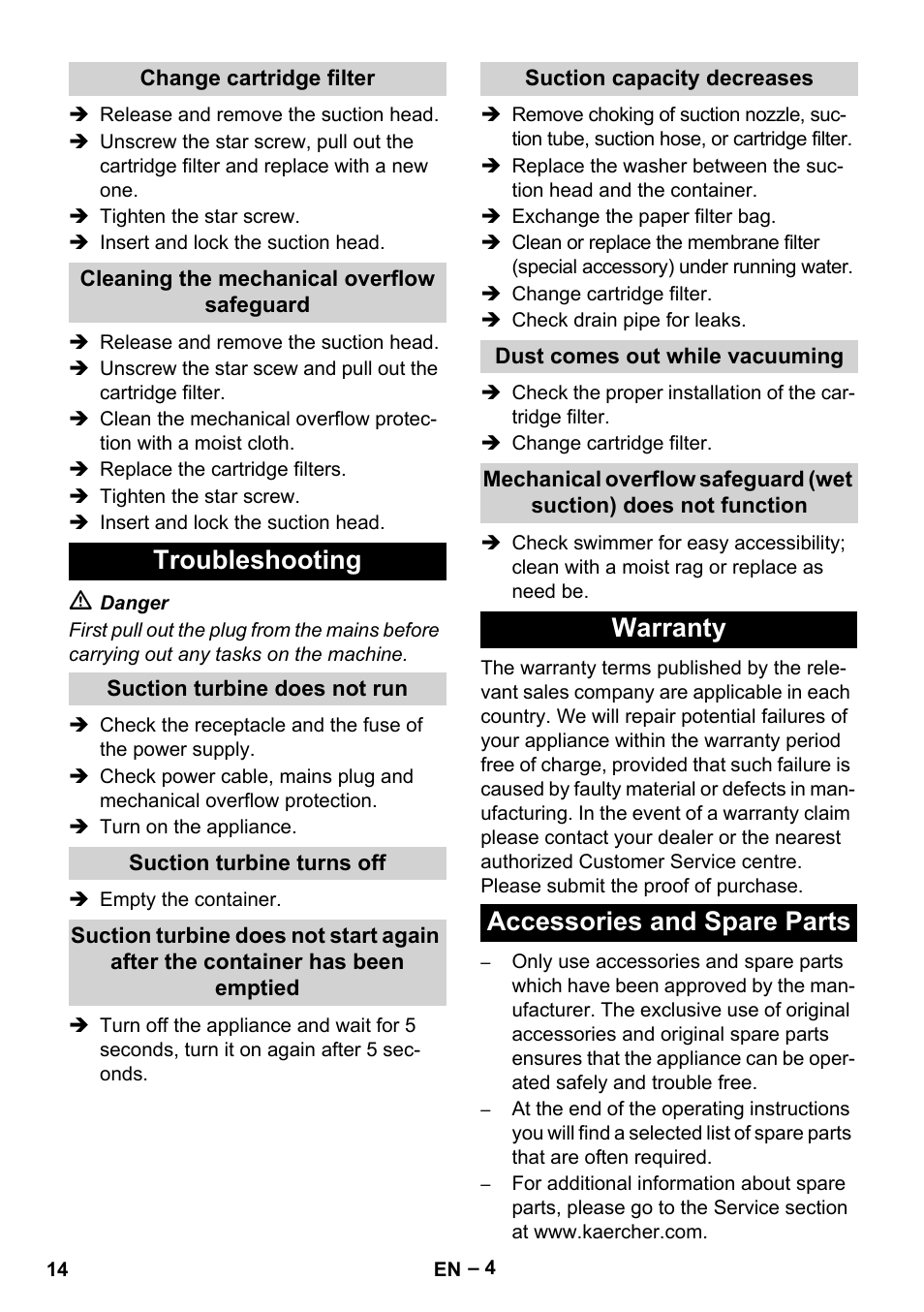 Change cartridge filter, Cleaning the mechanical overflow safeguard, Troubleshooting | Suction turbine does not run, Suction turbine turns off, Suction capacity decreases, Dust comes out while vacuuming, Warranty, Accessories and spare parts, Warranty accessories and spare parts | Karcher NT 70-3 User Manual | Page 14 / 176