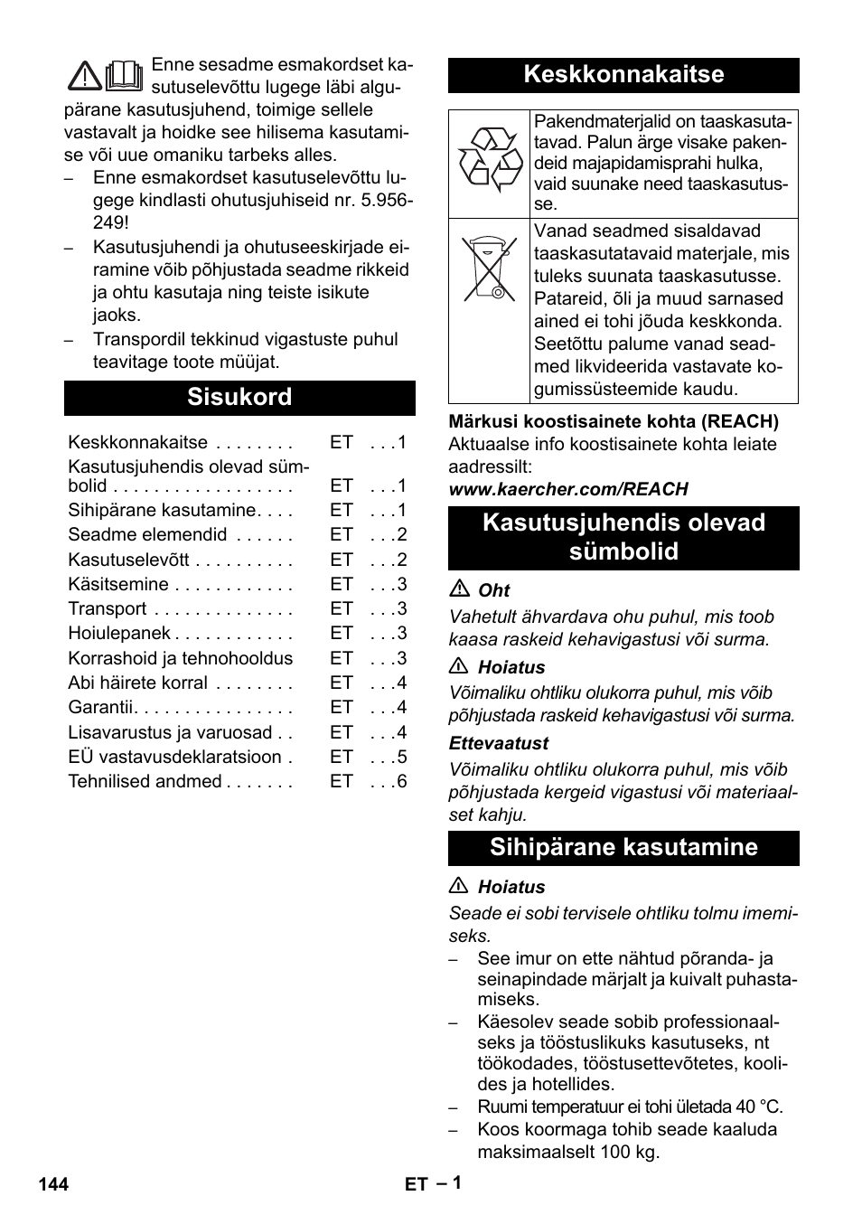 Eesti, Sisukord, Keskkonnakaitse | Kasutusjuhendis olevad sümbolid, Sihipärane kasutamine | Karcher NT 70-3 User Manual | Page 144 / 176