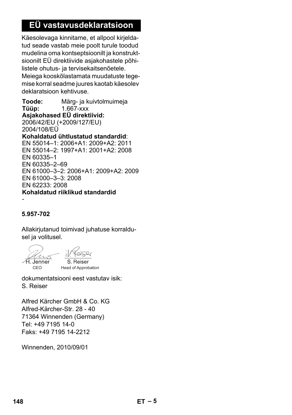 Eü vastavusdeklaratsioon | Karcher NT 70-3 User Manual | Page 148 / 176