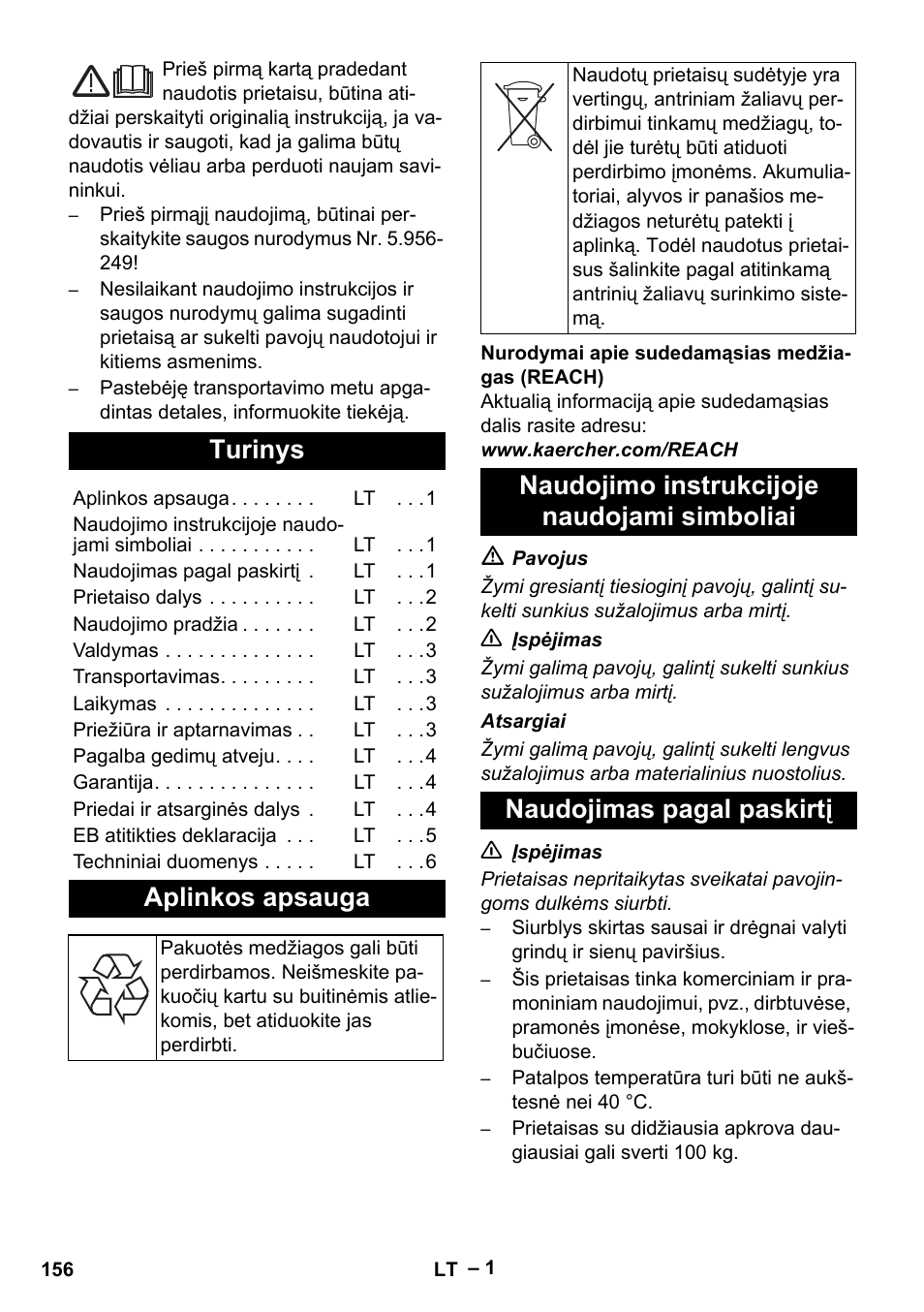Lietuviškai, Turinys, Aplinkos apsauga | Naudojimo instrukcijoje naudojami simboliai, Naudojimas pagal paskirtį | Karcher NT 70-3 User Manual | Page 156 / 176