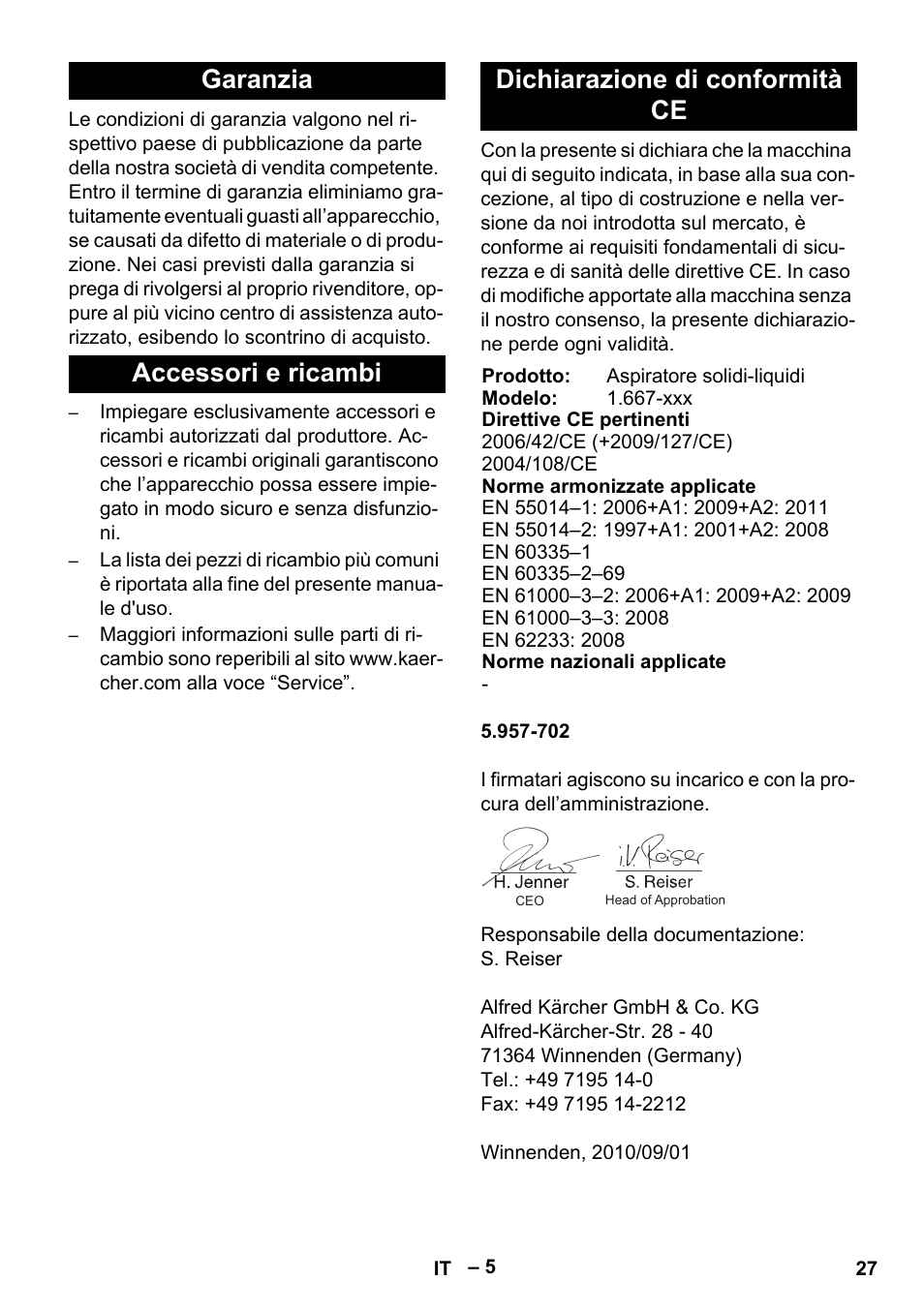 Garanzia, Accessori e ricambi, Dichiarazione di conformità ce | Karcher NT 70-3 User Manual | Page 27 / 176