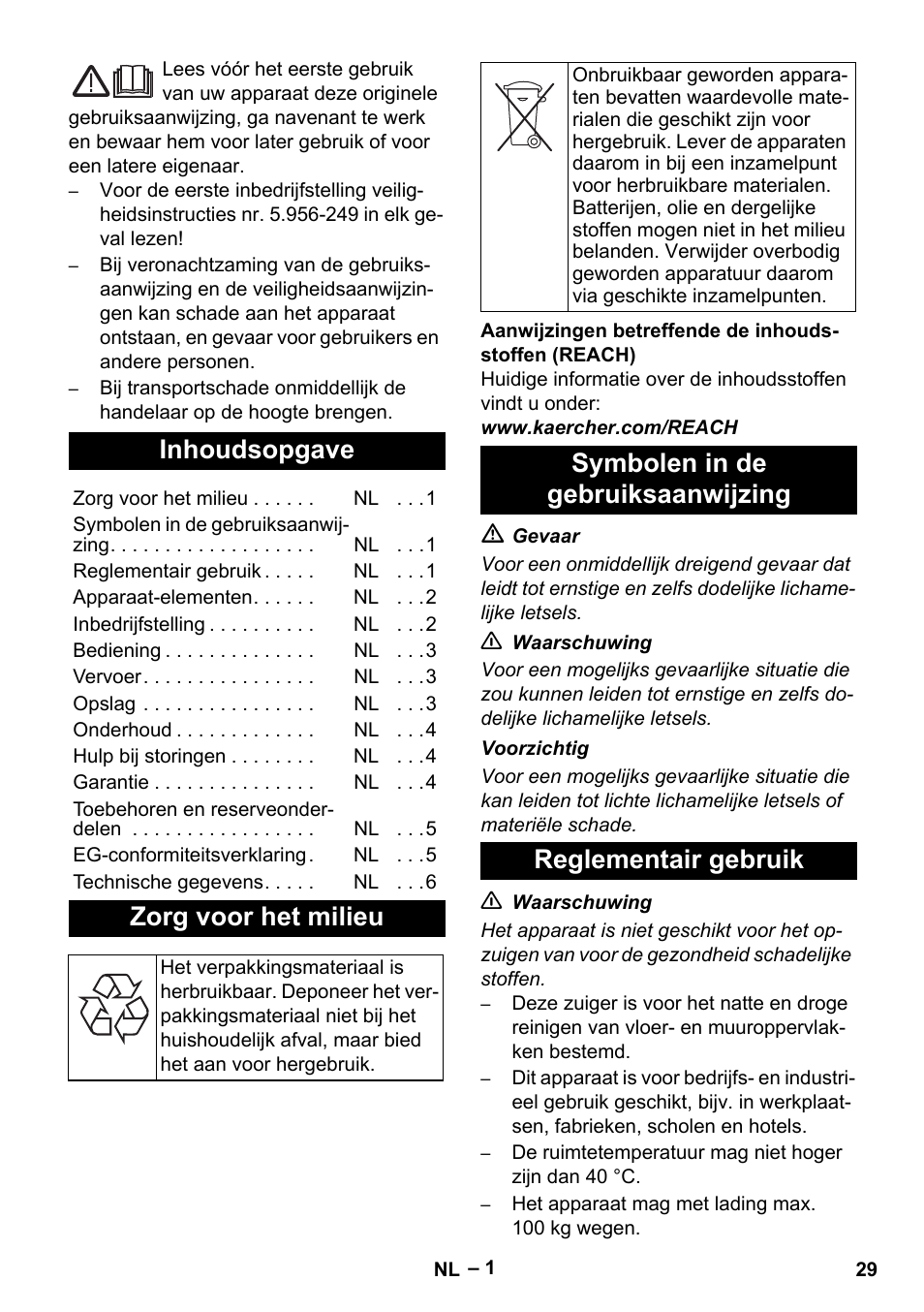 Nederlands, Inhoudsopgave, Zorg voor het milieu | Symbolen in de gebruiksaanwijzing, Reglementair gebruik | Karcher NT 70-3 User Manual | Page 29 / 176