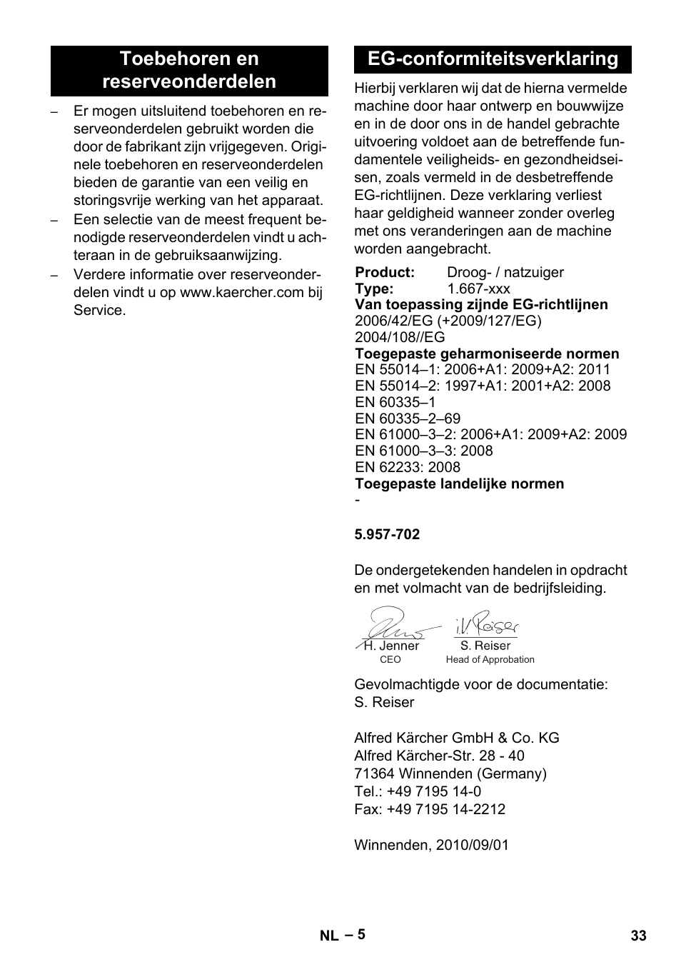 Toebehoren en reserveonderdelen, Eg-conformiteitsverklaring | Karcher NT 70-3 User Manual | Page 33 / 176