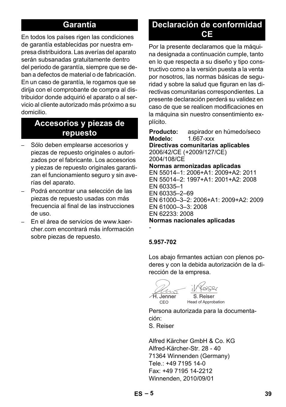 Garantía, Accesorios y piezas de repuesto, Declaración de conformidad ce | Karcher NT 70-3 User Manual | Page 39 / 176