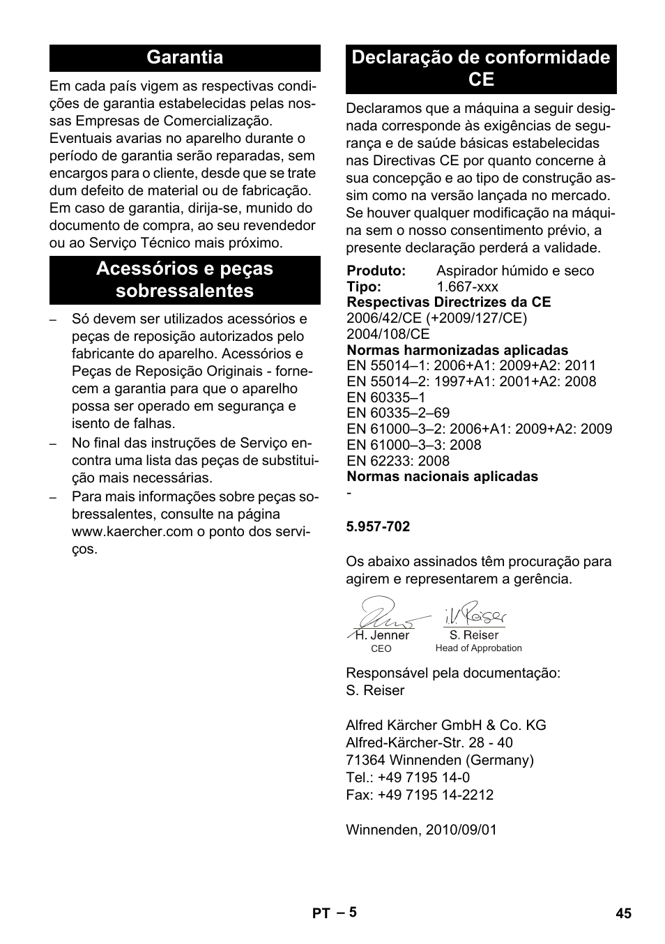 Garantia, Acessórios e peças sobressalentes, Declaração de conformidade ce | Karcher NT 70-3 User Manual | Page 45 / 176