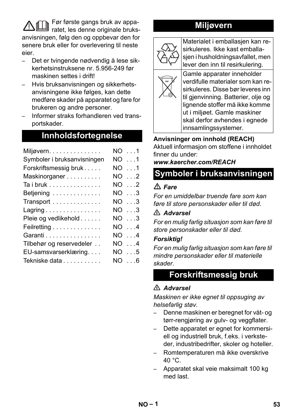 Norsk, Innholdsfortegnelse, Miljøvern | Symboler i bruksanvisningen, Forskriftsmessig bruk, Symboler i bruksanvisningen forskriftsmessig bruk | Karcher NT 70-3 User Manual | Page 53 / 176