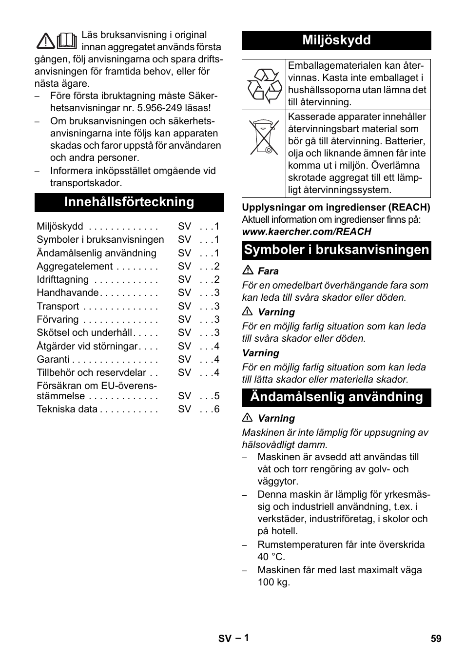 Svenska, Innehållsförteckning, Miljöskydd | Symboler i bruksanvisningen, Ändamålsenlig användning | Karcher NT 70-3 User Manual | Page 59 / 176