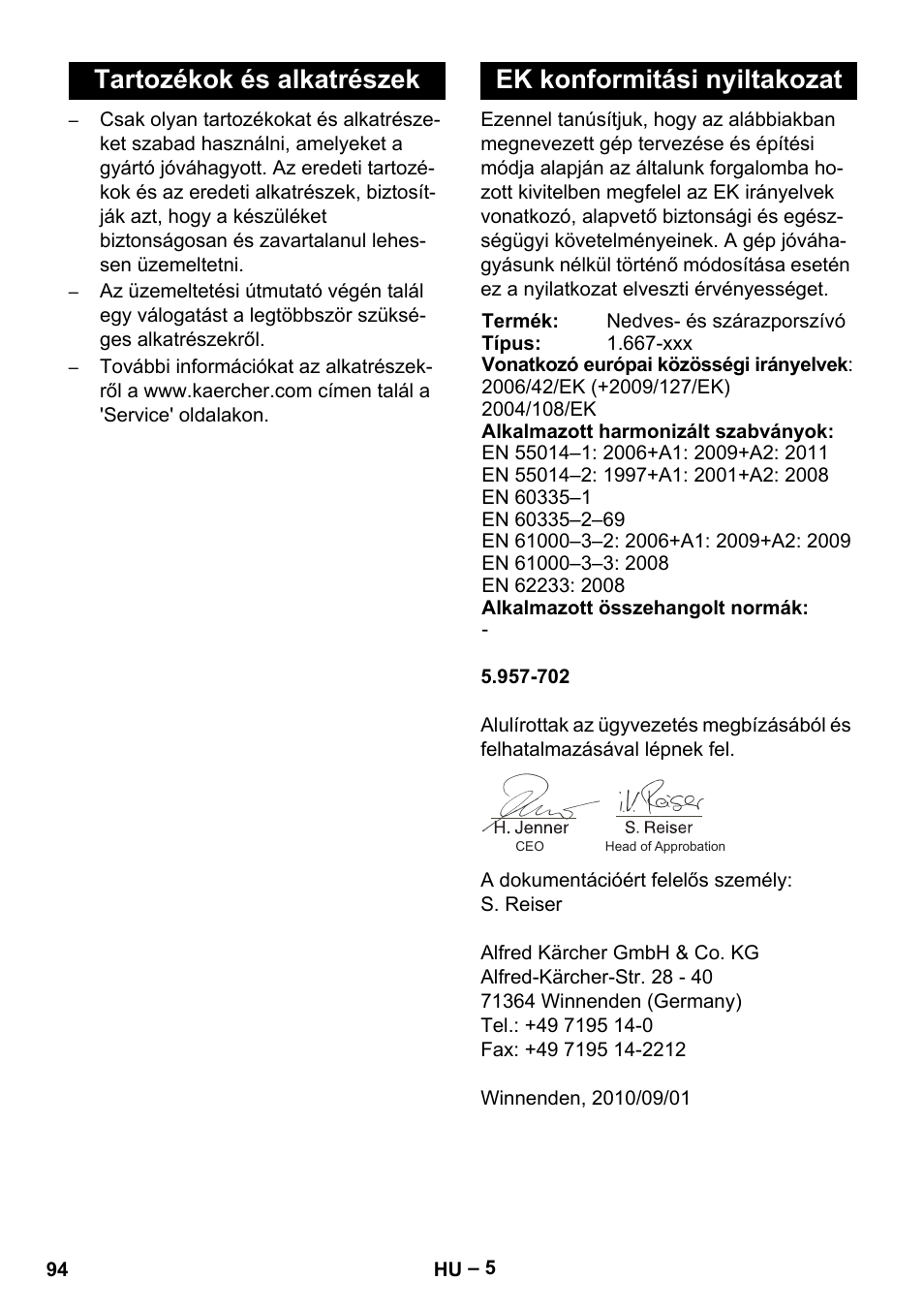 Tartozékok és alkatrészek, Ek konformitási nyiltakozat | Karcher NT 70-3 User Manual | Page 94 / 176