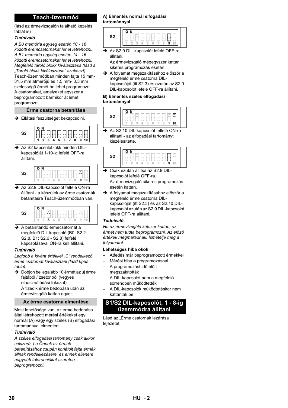 Teach-üzemmód, S1/s2 dil-kapcsolót, 1 - 8-ig üzemmódra állítani | Karcher SB-Wash 5-10 Fp steel User Manual | Page 30 / 52