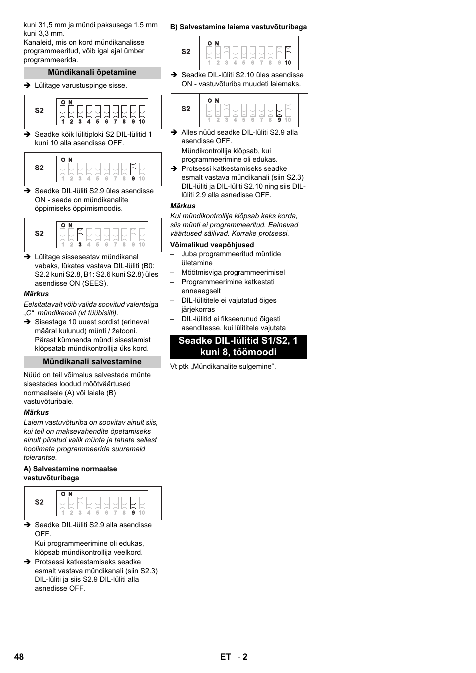 Seadke dil-lülitid s1/s2, 1 kuni 8, töömoodi | Karcher SB-Wash 5-10 Fp steel User Manual | Page 48 / 52