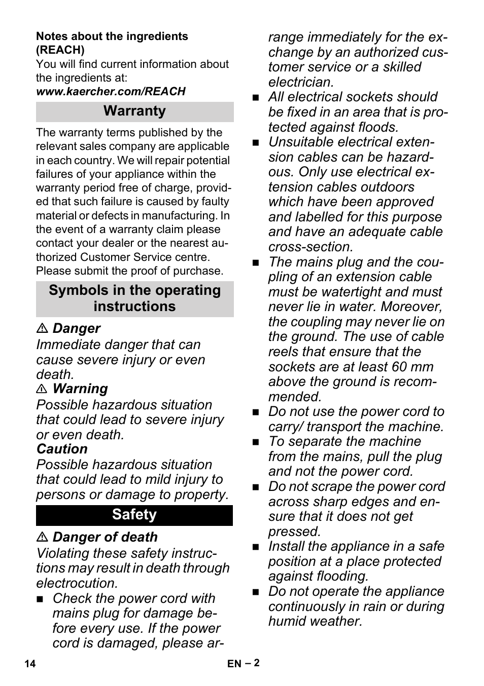 Warranty, Symbols in the operating instructions, Safety | Karcher BP 1 Barrel Set User Manual | Page 14 / 74