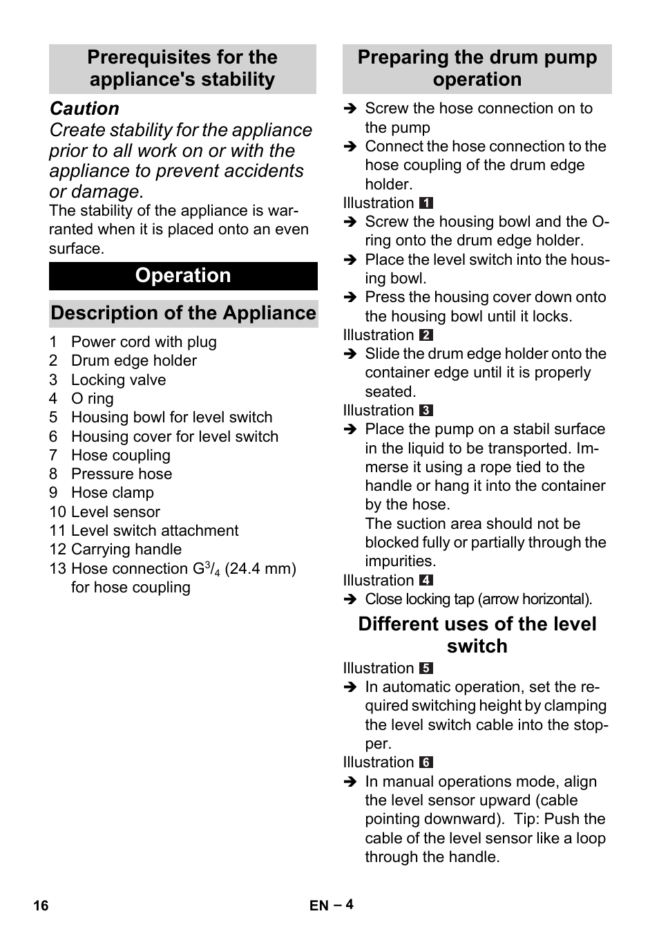 Prerequisites for the appliance's stability, Operation, Description of the appliance | Preparing the drum pump operation, Different uses of the level switch | Karcher BP 1 Barrel Set User Manual | Page 16 / 74