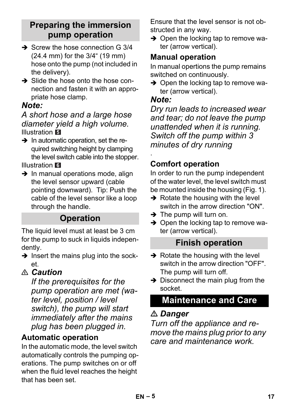 Preparing the immersion pump operation, Operation, Automatic operation | Manual operation, Comfort operation, Finish operation, Maintenance and care, Preparing the immersion pump operation operation | Karcher BP 1 Barrel Set User Manual | Page 17 / 74