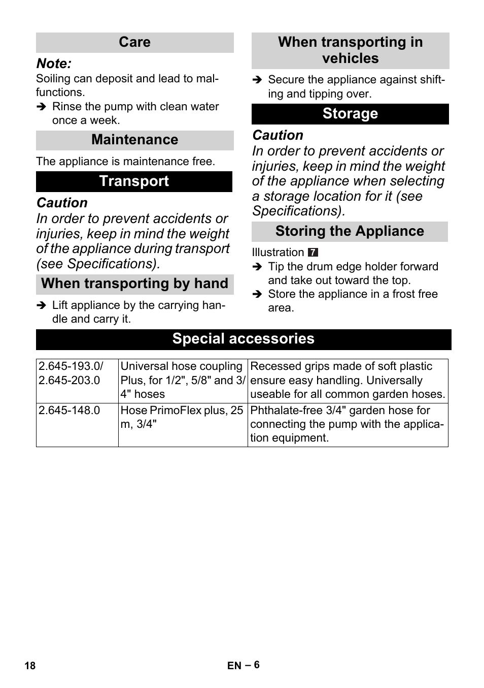 Care, Maintenance, Transport | When transporting by hand, When transporting in vehicles, Storage, Storing the appliance, Special accessories, Care maintenance | Karcher BP 1 Barrel Set User Manual | Page 18 / 74