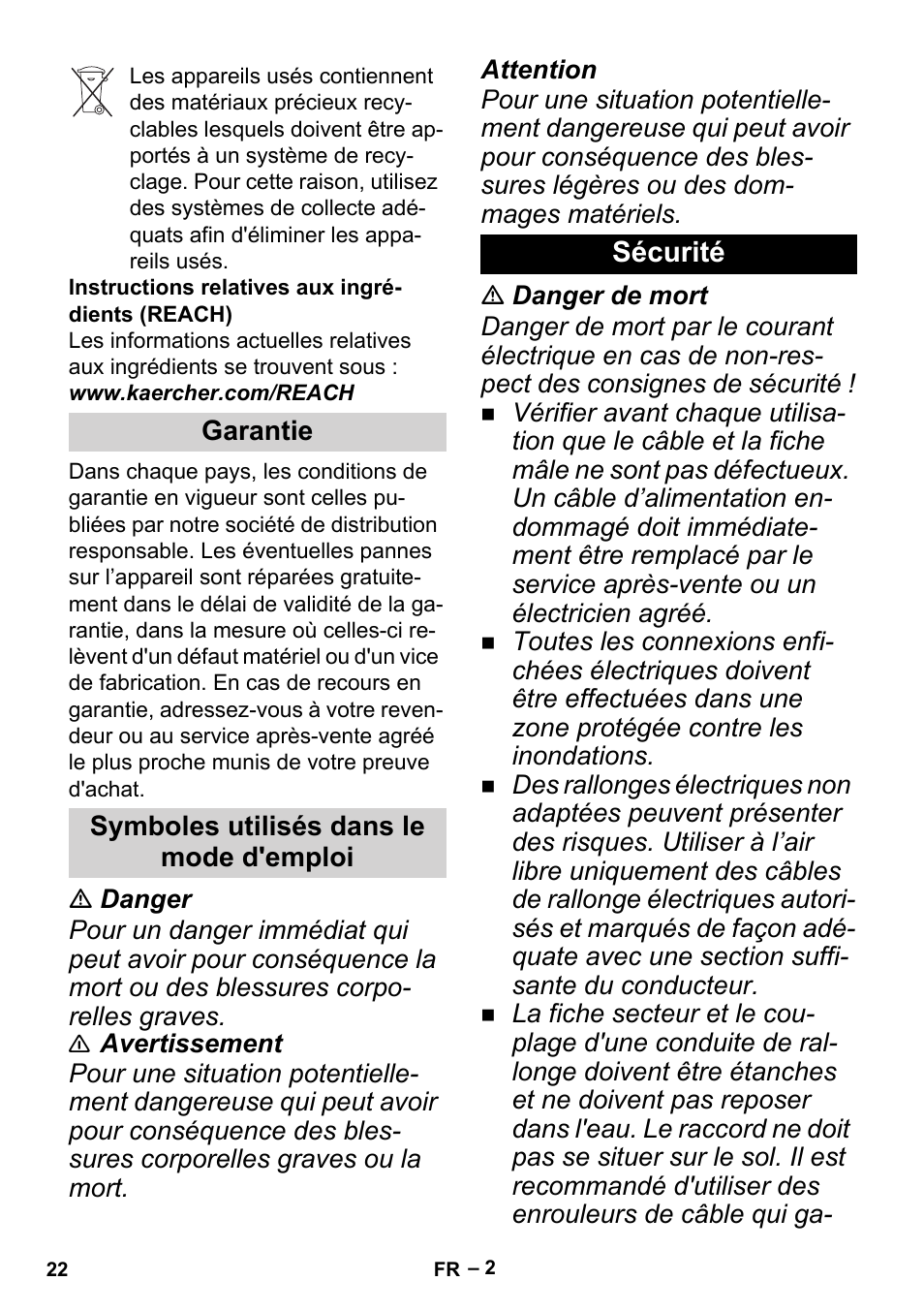 Garantie, Symboles utilisés dans le mode d'emploi, Sécurité | Karcher BP 1 Barrel Set User Manual | Page 22 / 74