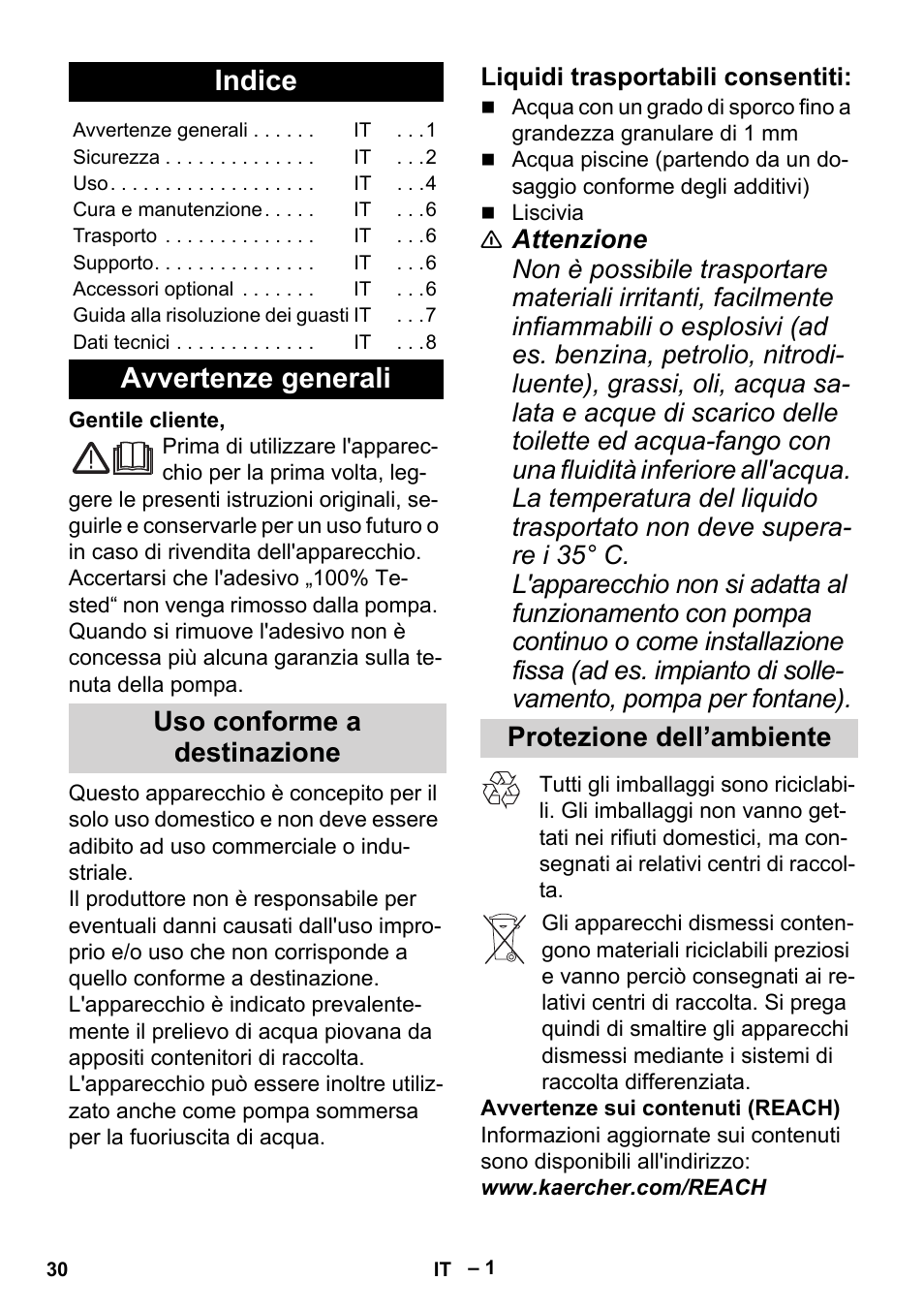 Italiano, Indice, Avvertenze generali | Uso conforme a destinazione, Liquidi trasportabili consentiti, Protezione dell’ambiente | Karcher BP 1 Barrel Set User Manual | Page 30 / 74