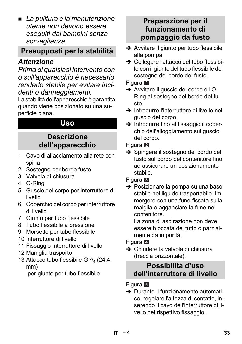 Presupposti per la stabilità, Descrizione dell’apparecchio, Possibilità d'uso dell'interruttore di livello | Karcher BP 1 Barrel Set User Manual | Page 33 / 74