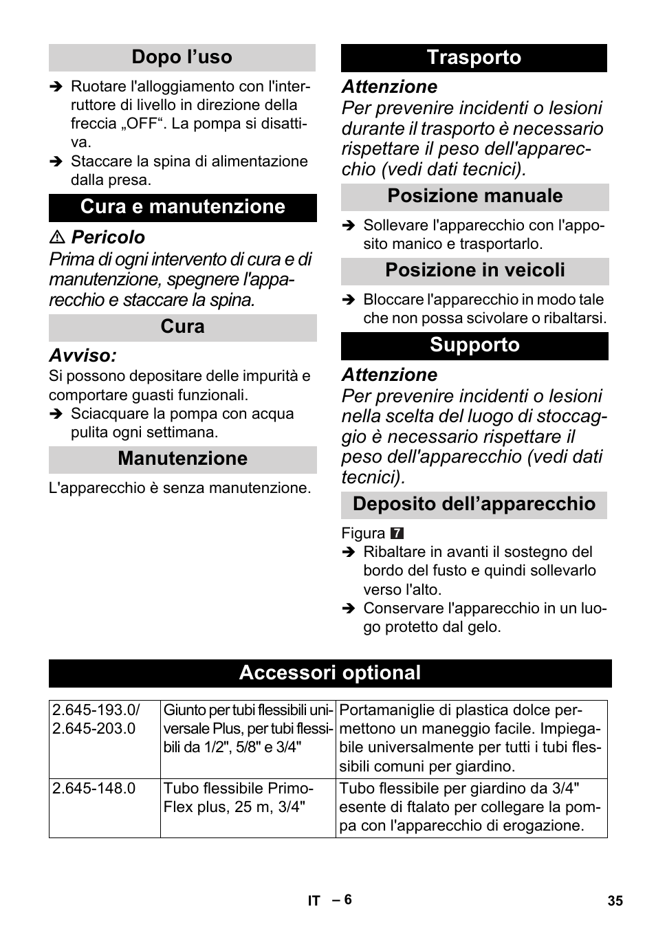 Dopo l’uso, Cura e manutenzione, Cura | Manutenzione, Trasporto, Posizione manuale, Posizione in veicoli, Supporto, Deposito dell’apparecchio, Accessori optional | Karcher BP 1 Barrel Set User Manual | Page 35 / 74