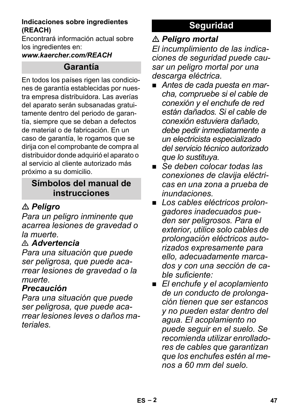 Garantía, Símbolos del manual de instrucciones, Seguridad | Karcher BP 1 Barrel Set User Manual | Page 47 / 74